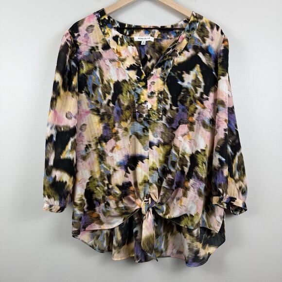Rose + Olive Top Women 2X Multi Printed Popover Blouse Art Peasant Mature Retro - Picture 1 of 9